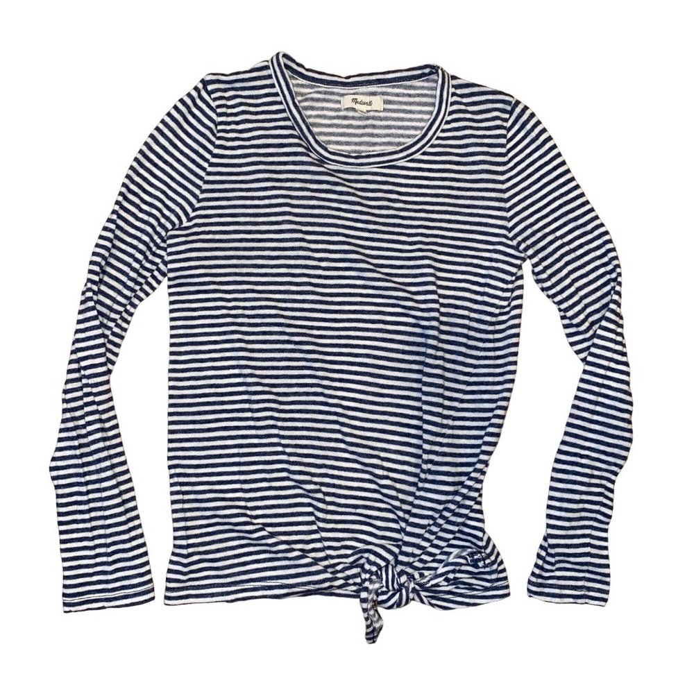 Madewell Striped Long Sleeve Tie Front Tee Shirt Gray White Size Small Tencel
